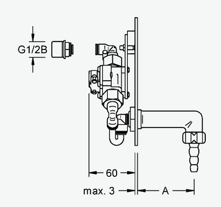 Maßzeichnung NOVALAB optoelektronisches Wandventil mit Knie 90°, Seite