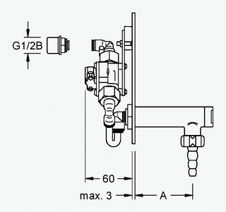 Maßzeichnung NOVALAB optoelektronisches Wandventil mit Knie 90°, Seite