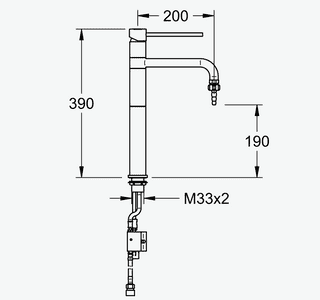 Maßzeichnung NOVALAB Labor-Einhebel- Standmischbatterie DN15 mit Hygiene-Spüleinrichtung, Seite